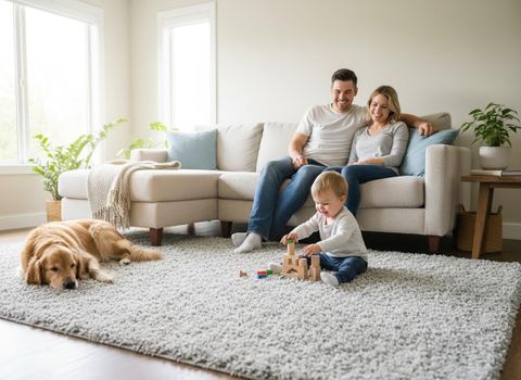 A smiling couple sits on a sofa, watching their toddler play with blocks on a shag rug. Their golden retriever rests peacefully in the foreground. Happy family with toddler and golden retriever in a bright living room