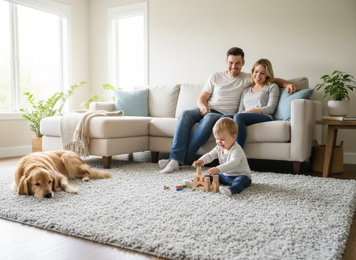 Happy family with toddler and golden retriever in a bright living room