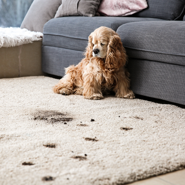 dog sitting on dirty carpet. 