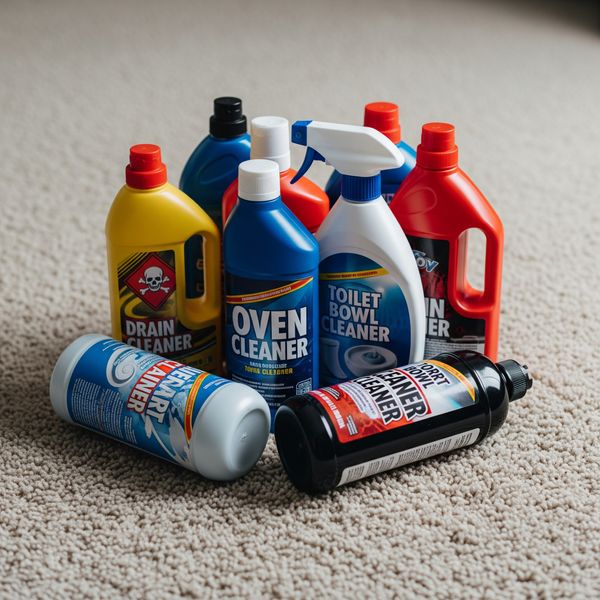 A collection of harsh chemical cleaning bottles sitting on a plush residential carpet.