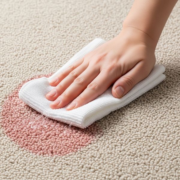A clean, damp cloth being pressed onto a faint red wine stain during the cleaning process.