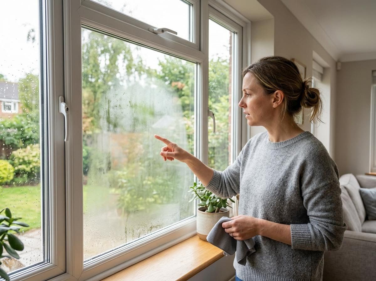 Woman Pointing at Window Condensation