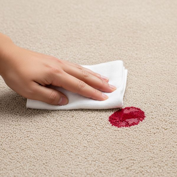 A small bowl containing a clear cleaning solution next to a red wine stain on a carpet.