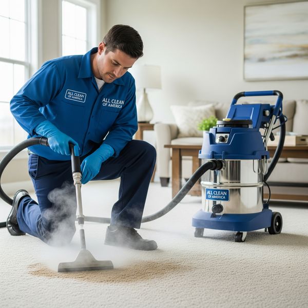 A uniformed technician from All Clean of America using professional steam cleaning equipment on a carpet.
