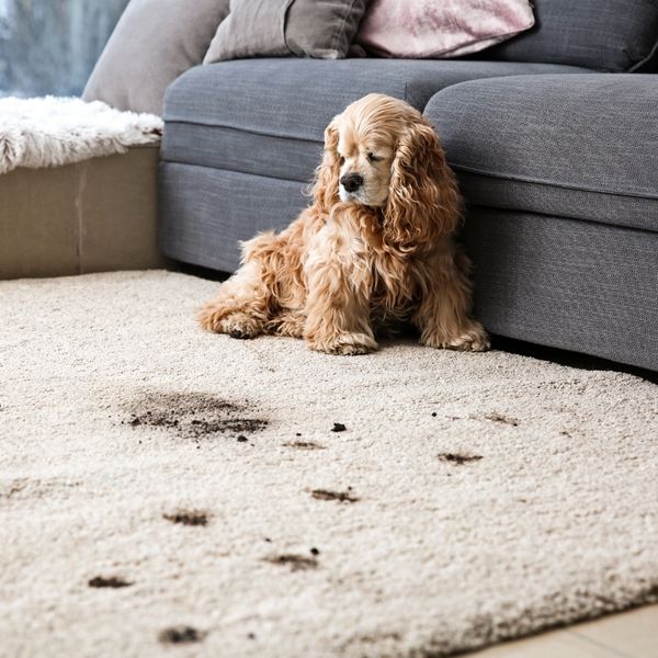 Cocker Spaniel sitting near dark mud stains on carpet.
