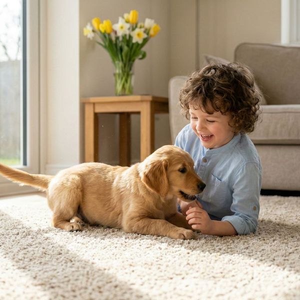A young child and a golden retriever puppy play happily on a freshly cleaned and sanitized carpet.