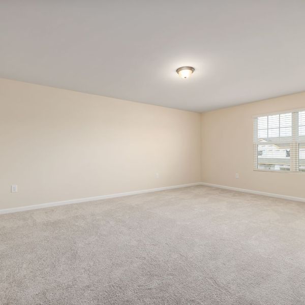 A wide view of an empty, sunlit room featuring perfectly cleaned and groomed beige carpeting.