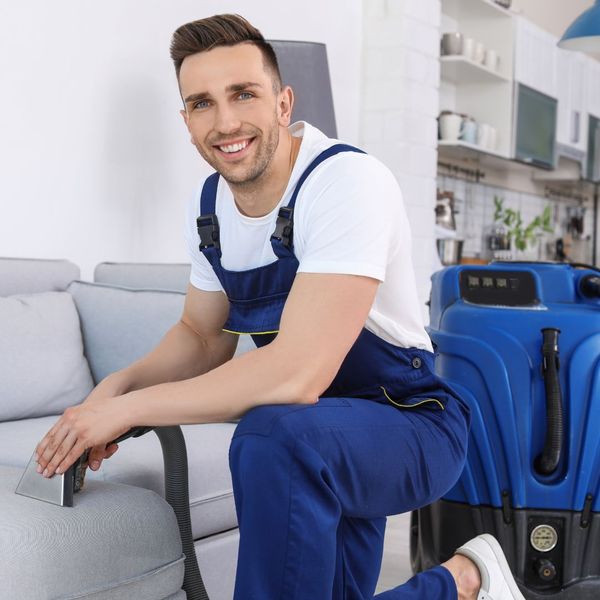 Professional upholstery cleaner kneeling next to a couch. 