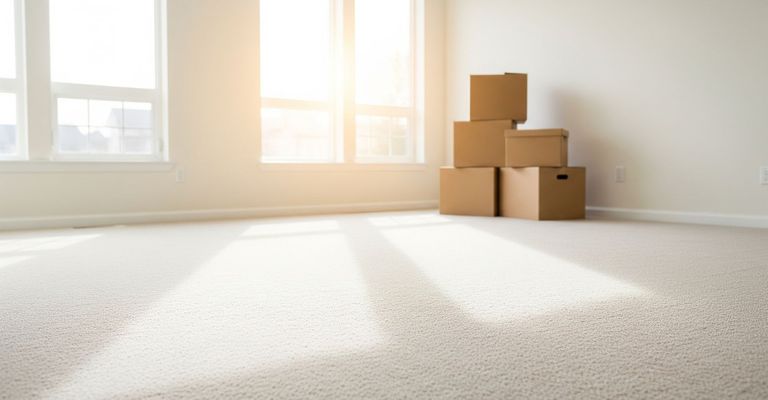 Bright, clean carpet in an empty living room, ready for moving day.