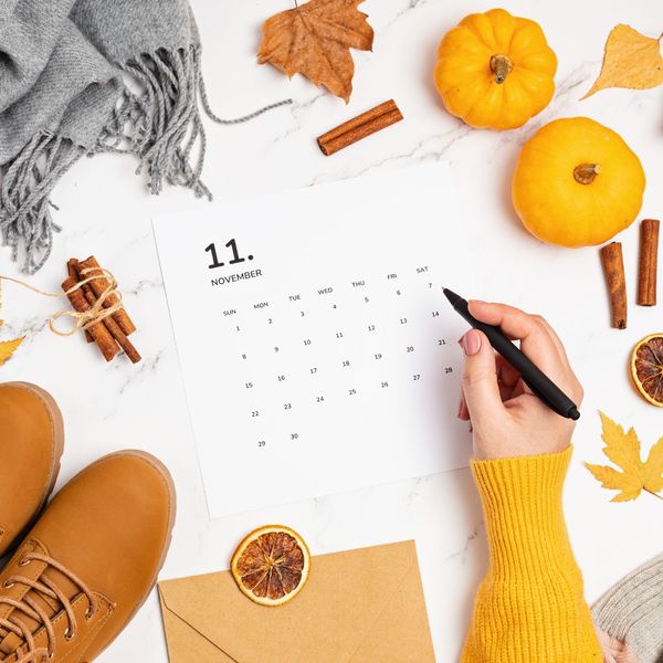 November calendar surrounded by fall items