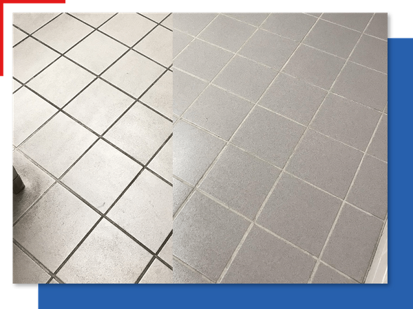 Side-by-side image of tile floors after being cleaned