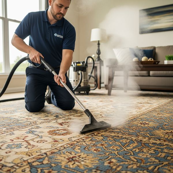 A uniformed professional technician using a steam cleaning wand to deep clean a home's carpet.