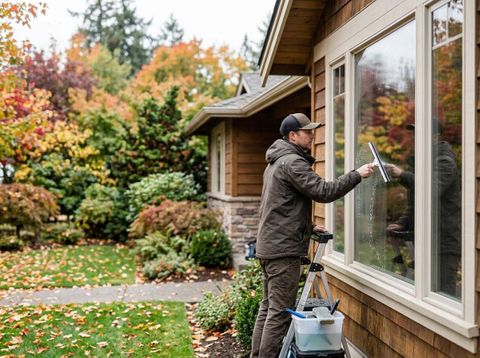 A man on a stepladder cleans a residential window with a squeegee, set against a vibrant autumn backdrop of colorful trees. Man Professionally Cleaning House Windows with Squeegee During Autumn
