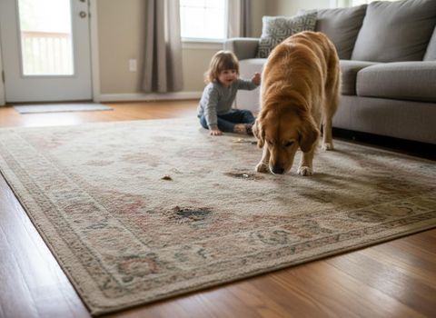 Golden Retriever Sniffing Stains on Rug with Child Nearby