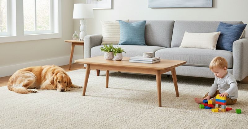 A golden retriever dog and a toddler play quietly on a pristine, light-colored carpet in a sunlit living room.
