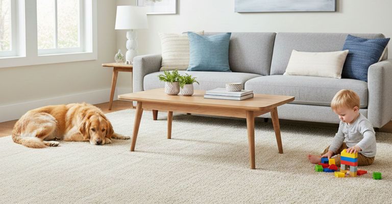 A golden retriever dog and a toddler play quietly on a pristine, light-colored carpet in a sunlit living room.