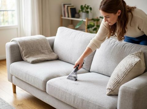 Woman Cleaning Sofa Upholstery with Spot Cleaner