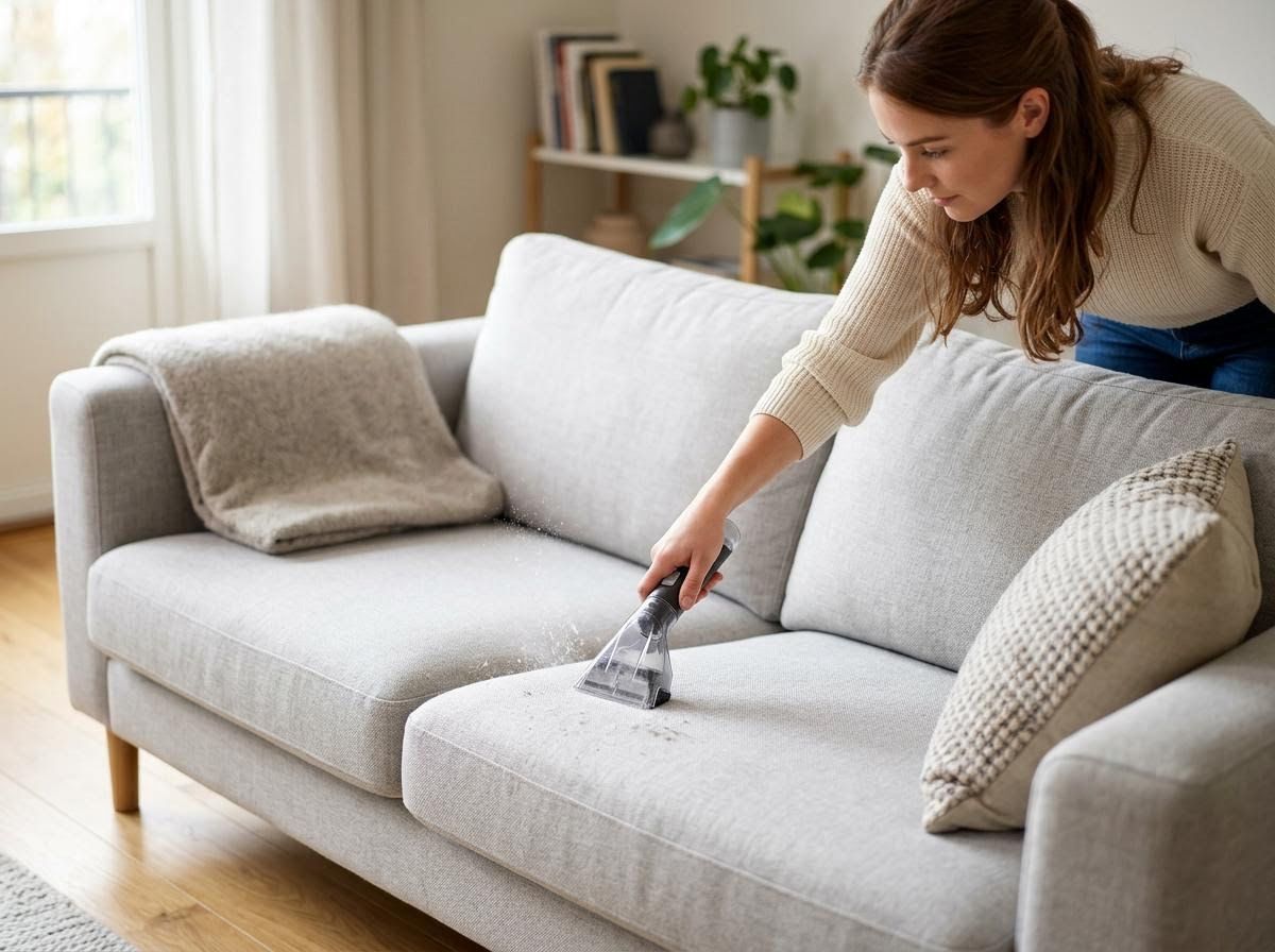 Woman Cleaning Sofa Upholstery with Spot Cleaner