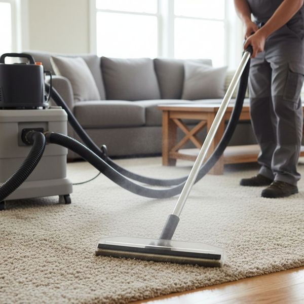 A professional carpet cleaning machine in action, deep cleaning a residential carpet