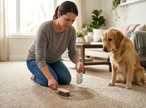 Woman cleaning carpet stain with dog watching