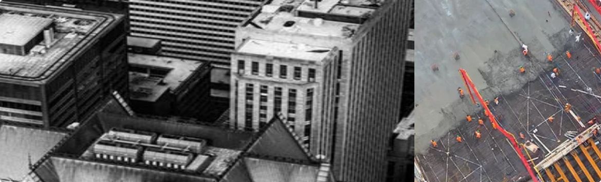 A split image of a cityscape and an aerial view of construction workers