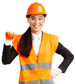 A woman wearing construction worker vest, gloves, hardhat, and safety glasses