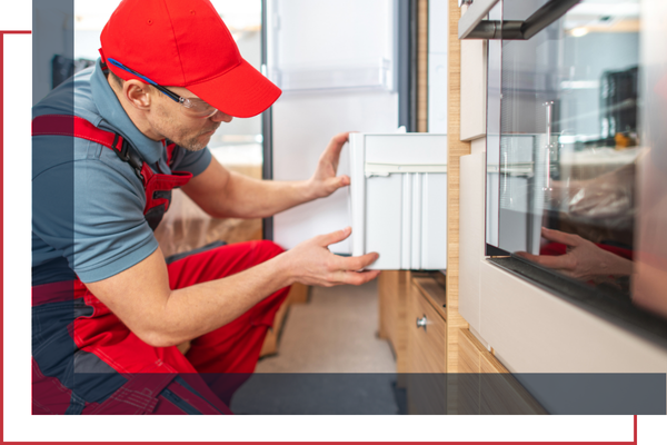 RV technician repairing a refrigerator