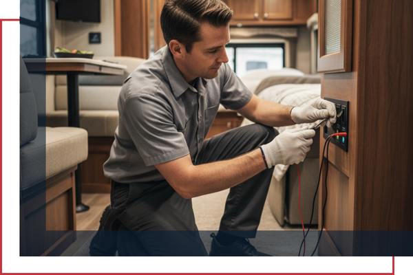 technician repairing a hot water heater switch in an RV interior technician repairing a hot water heater switch in an RV interior