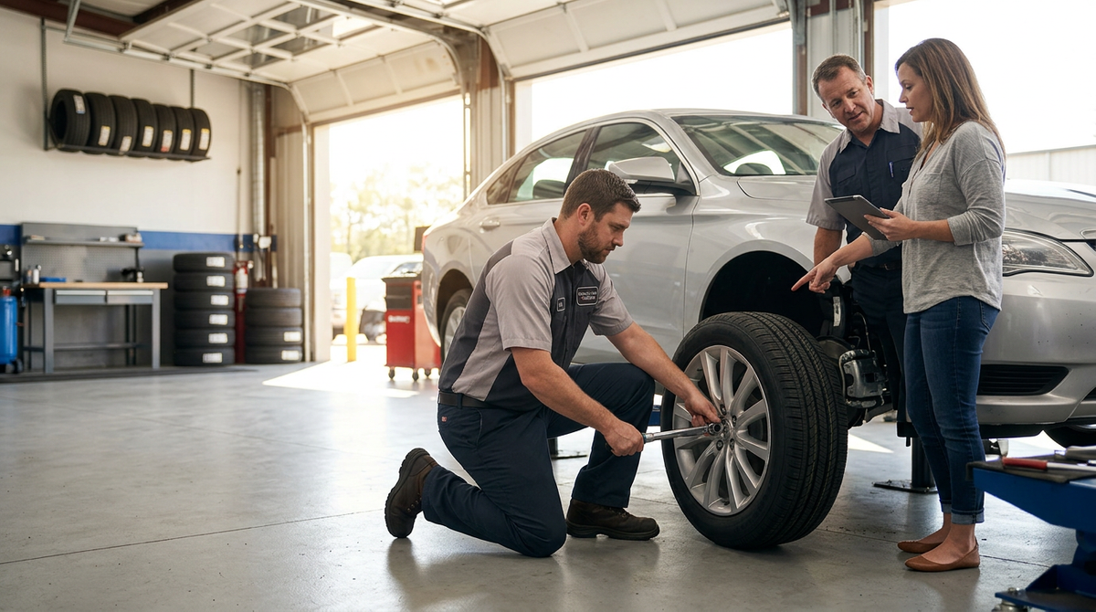 Mechanics Assisting Customer with Car Tire Service