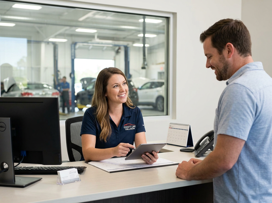 Woman assisting customer at auto service desk