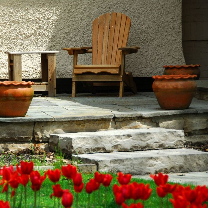 patio with steps tulips and chair