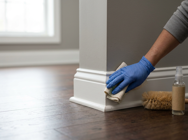 Person cleaning white baseboards