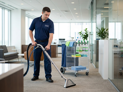 A professional cleaner in a blue polo shirt deep cleaning a light-colored carpet in a modern office with a clear cleaning supply cart nearby. Professional Office Carpet Cleaning