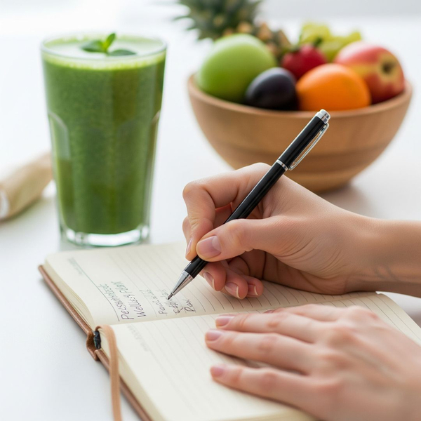 A person writing a personalized health plan in a journal, with a smoothie and fruit nearby.