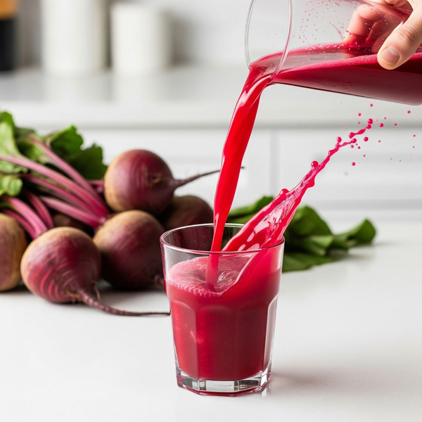 Vibrant red beet juice being poured into a glass, symbolizing a natural boost of energy and vitality. Vibrant red beet juice being poured into a glass, symbolizing a natural boost of energy and vitality.