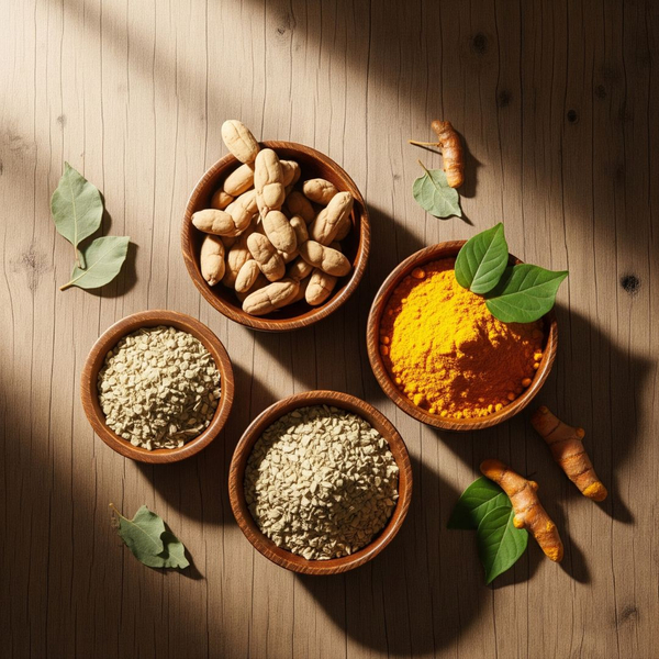 Ayurvedic herbs, including ashwagandha and turmeric, displayed in wooden bowls on a rustic surface, representing natural healing. Ayurvedic herbs, including ashwagandha and turmeric, displayed in wooden bowls on a rustic surface, representing natural healing.