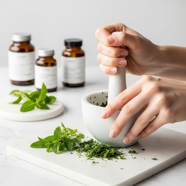 A mortar and pestle with fresh herbs, symbolizing a commitment to quality and pure, natural ingredients in supplements. A mortar and pestle with fresh herbs, symbolizing a commitment to quality and pure, natural ingredients in supplements.