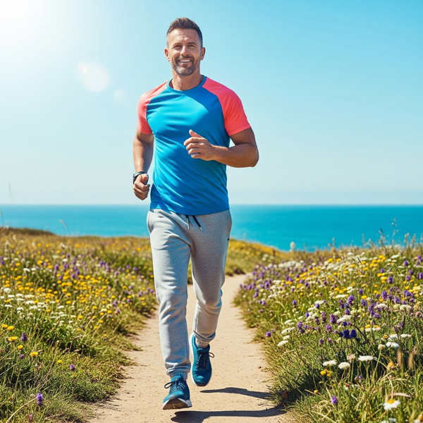 A healthy and happy person jogging on a coastal path, representing the heart and brain health benefits of an active lifestyle. A healthy and happy person jogging on a coastal path, representing the heart and brain health benefits of an active lifestyle.