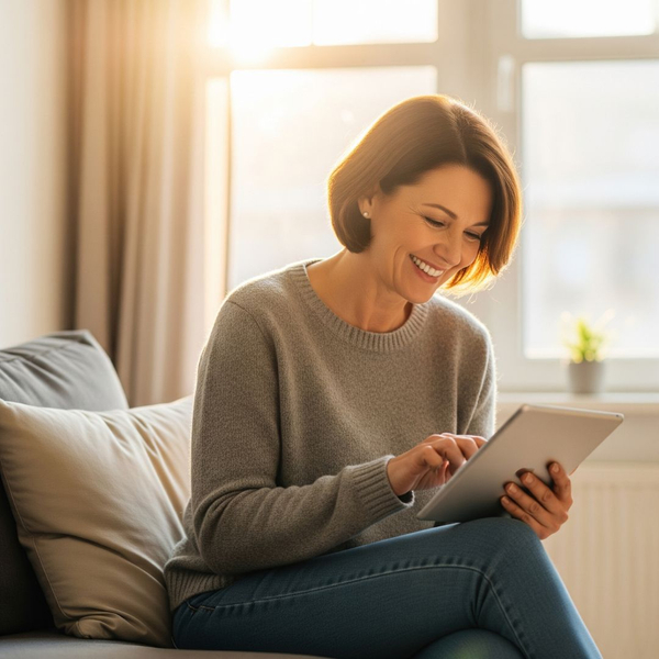 A smiling person relaxing in their cozy living room while using a tablet for a virtual wellness session. A smiling person relaxing in their cozy living room while using a tablet for a virtual wellness session.