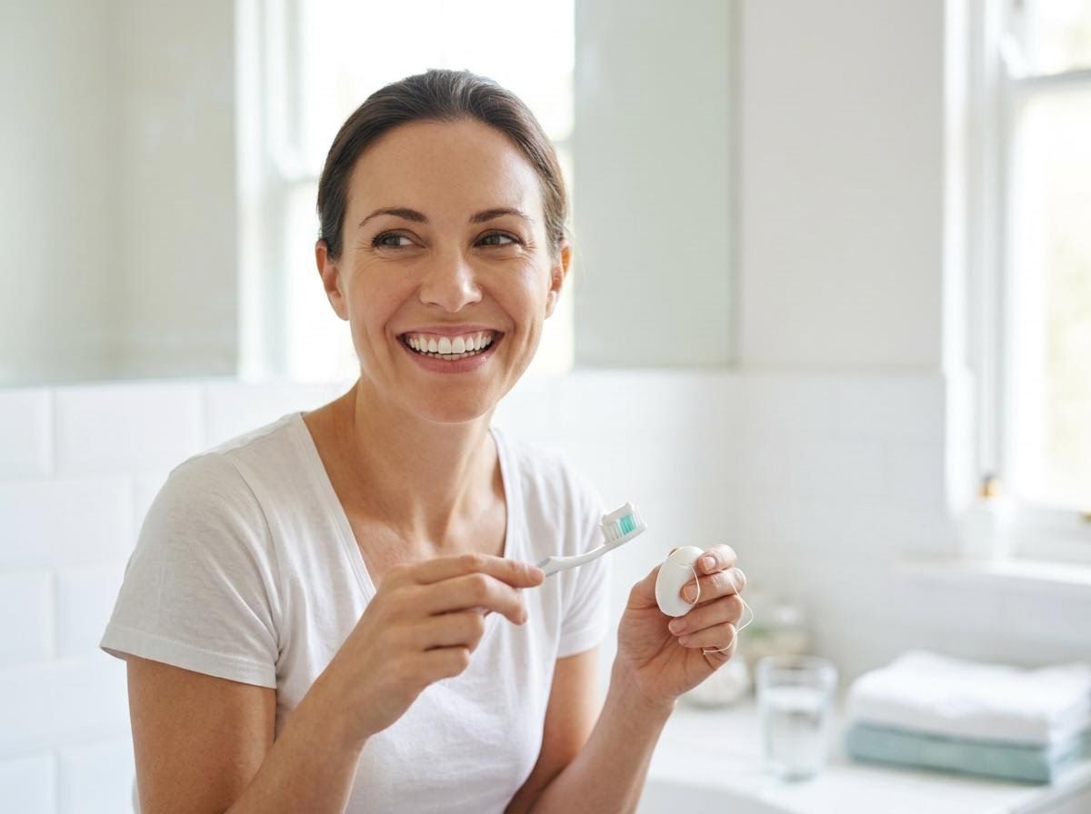 Woman Smiling with Toothbrush and Floss in Bathroom