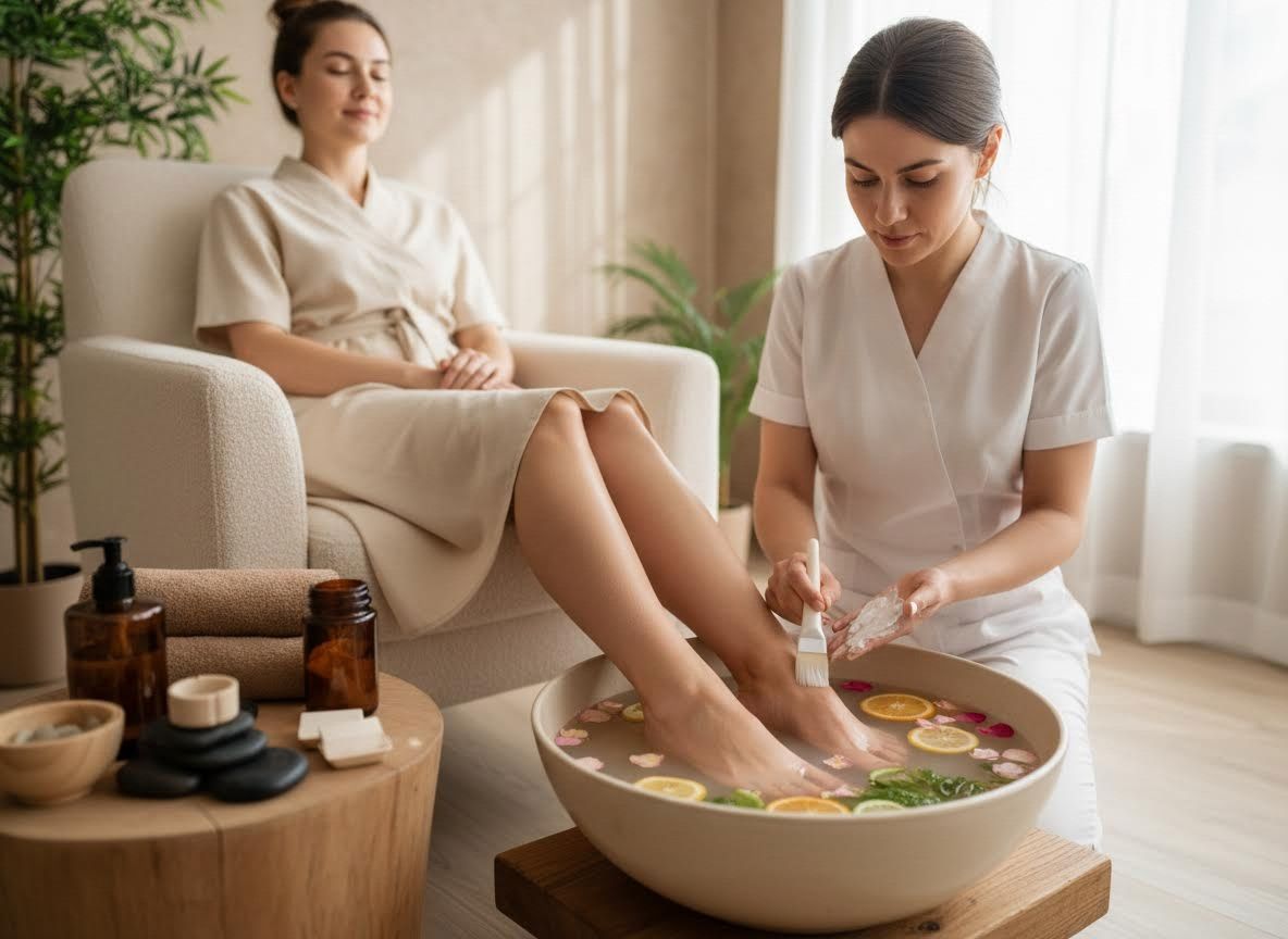 Woman receiving a relaxing foot spa treatment
