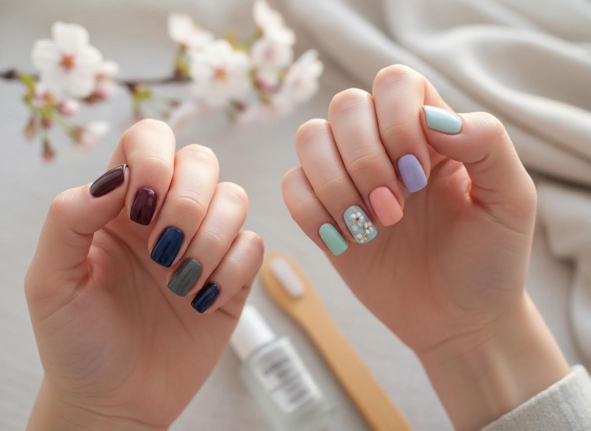 Hands with Contrasting Nail Polish and Floral Accent