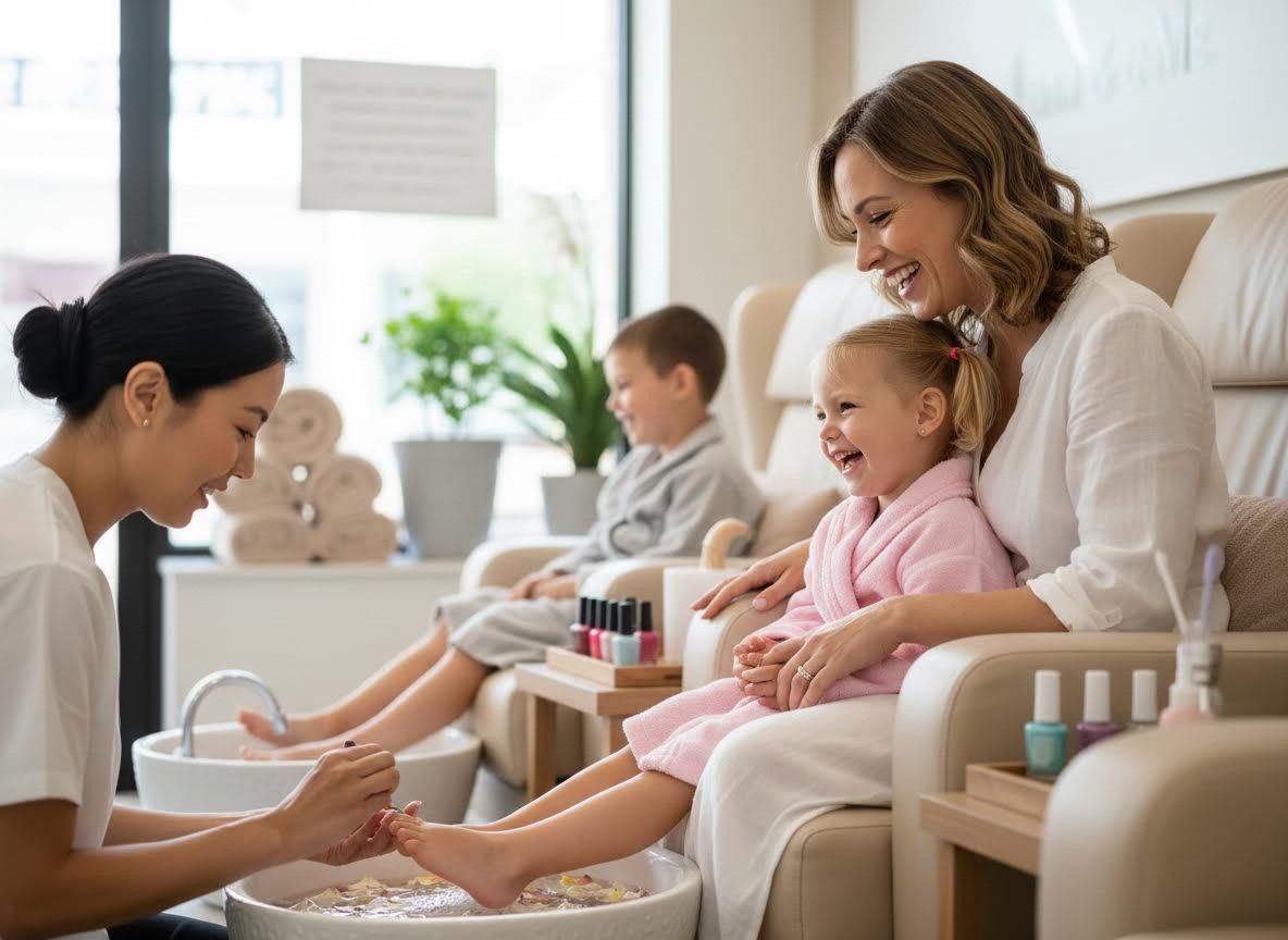 Family spa day with mother and children getting pedicures