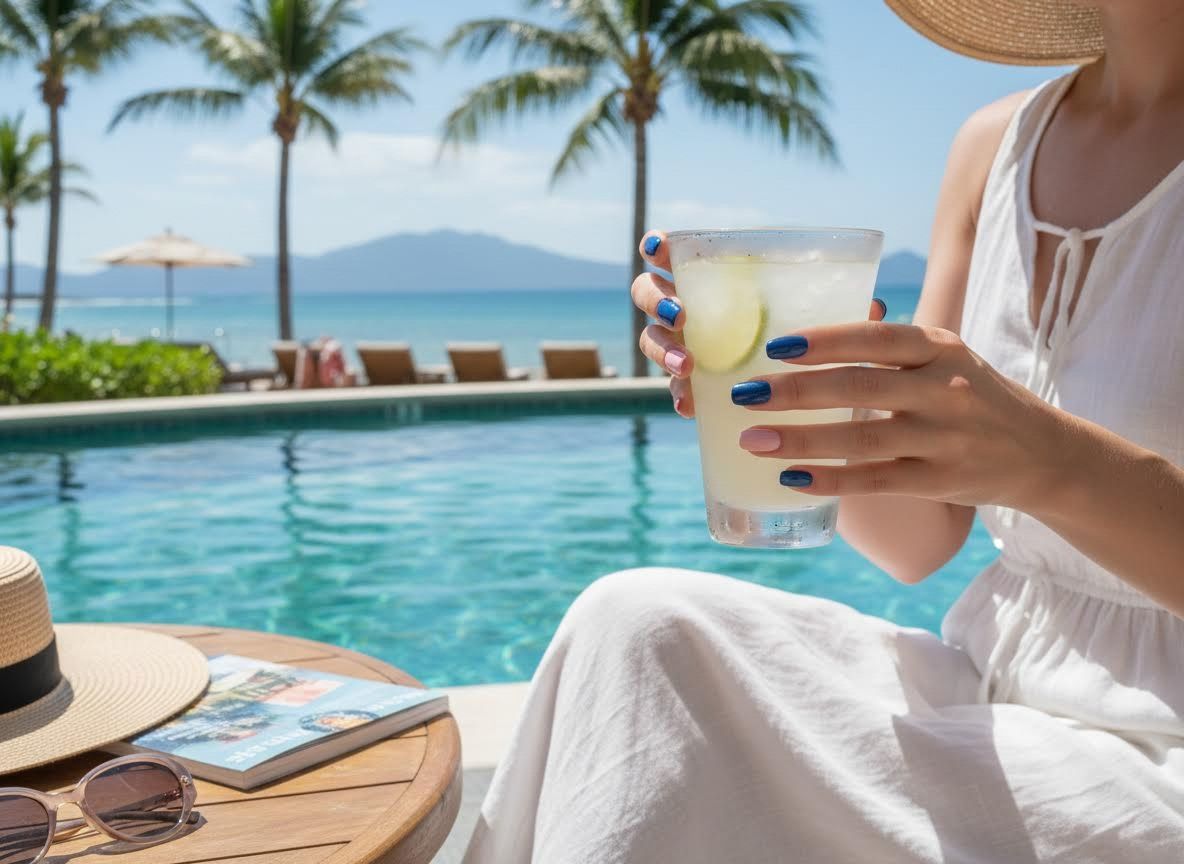 Woman enjoying a drink at a tropical resort pool