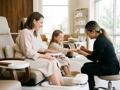 A smiling mother and her young daughter in bathrobes enjoy a spa day, with a technician painting the girl's fingernails and their feet in pedicure basins. Mother and Daughter Spa Day with Manicure and Pedicure