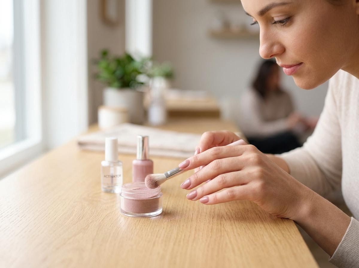 Woman doing a dip powder manicure at home