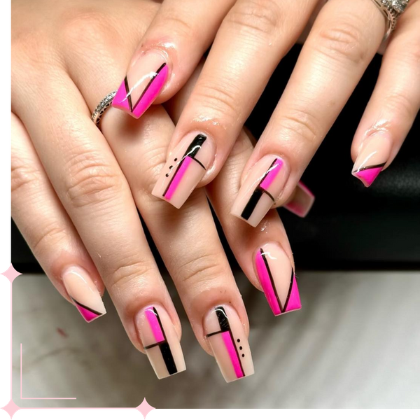 geometric pink and black nail art