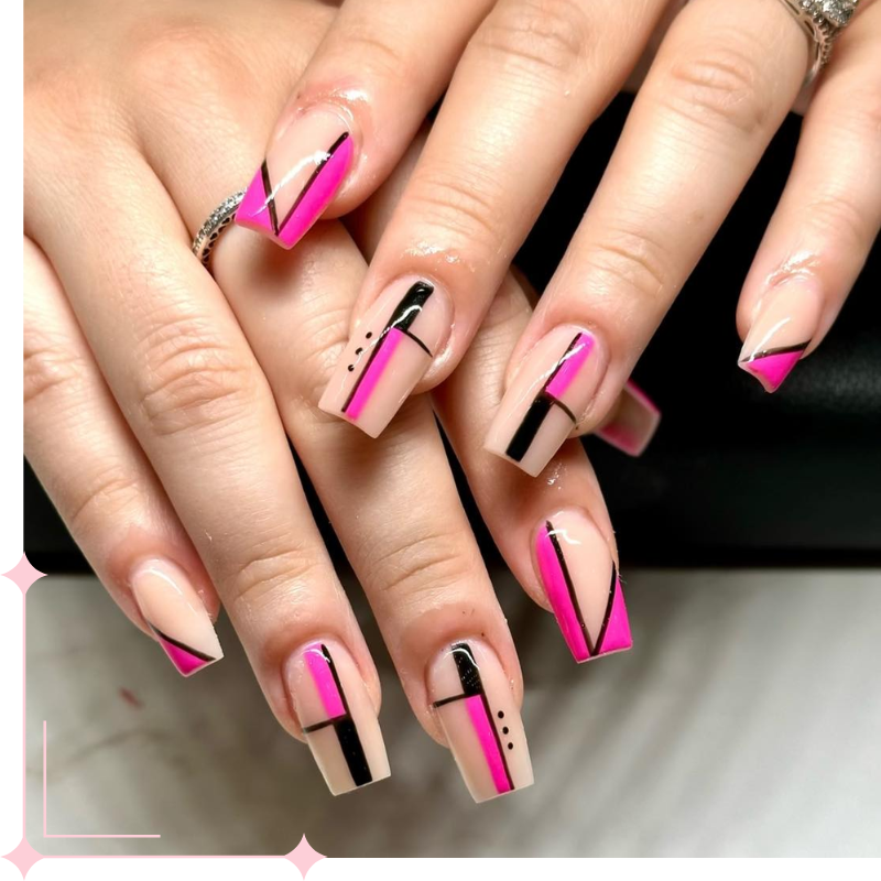 geometric pink and black nail art