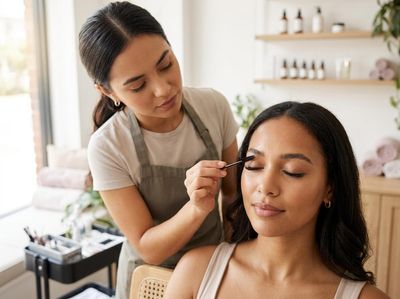A beautician in an apron carefully applies an eyelash enhancement to a relaxed client with closed eyes in a brightly lit beauty salon. Lash technician applying an eyelash treatment to a client