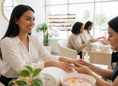 A smiling woman in a white blouse receives a manicure from a technician. Her hands are near a bowl of water with flowers. Other clients are visible in the background. Woman Enjoying a Manicure at a Bright Salon
